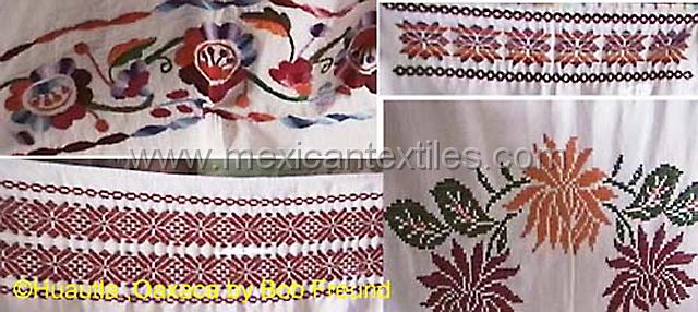 huautla_mazateca__25.jpg - details of different napkins embroidered and for sale in the market. 2001.