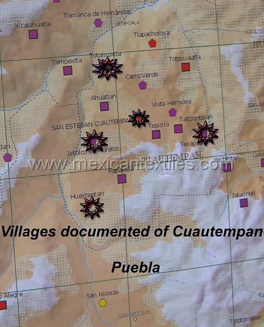 nahua_cuautempan_03a.JPG - this map is from the Institute of Indigenous Languages in Mexico City. The dark purple color means that up to 75% or more people speak nahuatl in those towns, the red indicates up to 50 % and the yellow up to 25%.