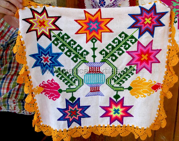 sn_antonio_embroiderey_03.JPG - Otomi indian embroidery from San Antonio Huehuetla, Hidalgo, tortilla cloth, otomi star , corn stalks and floral design
